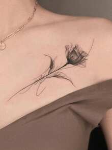 1 Herbal Tattoo Sticker, Simple Ink Line Rose, Horizontal Long Strip Temporary Tattoo Sticker, Washable, PVC, Disposable, Waterproof And Sweatproof, Suitable For Arms, Waist, Abdomen, Back, Legs, Non-Reflective, Realistic Tattoo, Suitable For People, For Daily Use, Lasts 7-14 Days - 黑色 - 查看 3