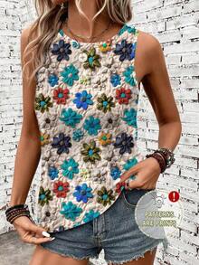 Camiseta sin mangas de cuello redondo con estampado floral casual, adecuada para el verano y el regreso a la escuela - Multicolor 4 - Ver 1