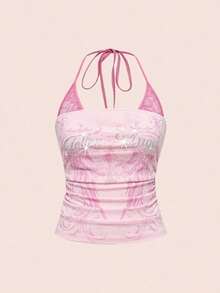 Conjunto de concierto Y2K para mujer, top corto de algodón con contraste de encaje y estampado de calavera punk en 2 en 1 - Rosa - Ver 1
