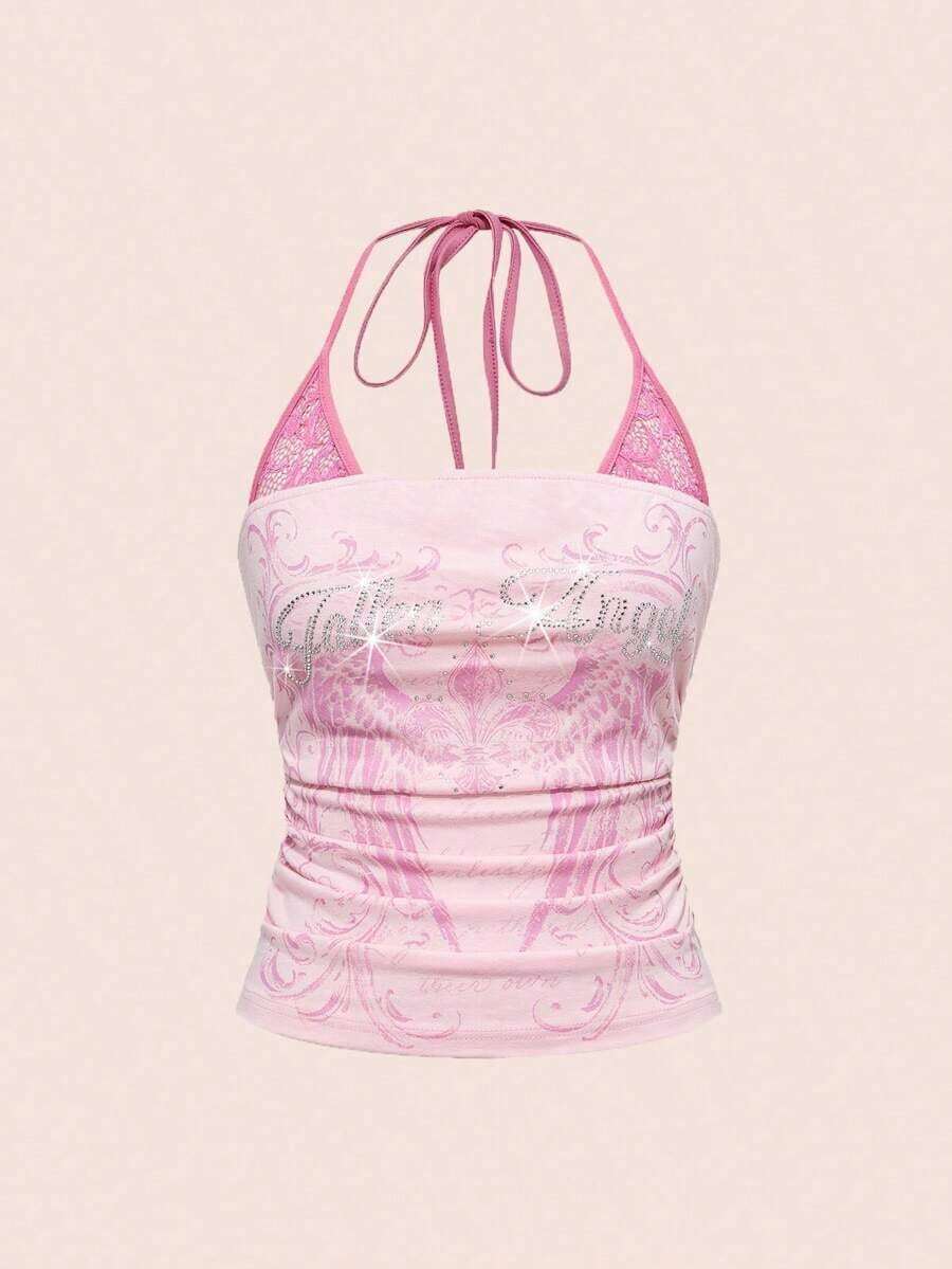 Conjunto de concierto Y2K para mujer, top corto de algodón con contraste de encaje y estampado de calavera punk en 2 en 1 - Rosa - Ver 1
