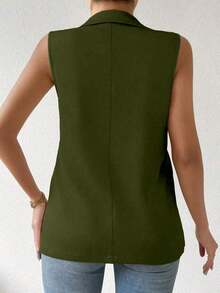 informal sin mangas con cuello francés y botones de unicolor para mujer de talla grande - Verde militar - Ver 2