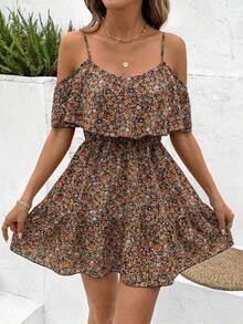 Vestido corto elegante de mujer con escote en V, volantes y cintura con estampado de lunares marrones, para vacaciones, atuendos de verano y vacaciones para mujeres - Multicolor 5 - Ver 5