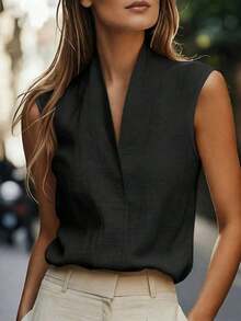 Camiseta sin mangas casual/de trabajo para mujer, estilo europeo y americano, ropa de ocio elegante en beige, azul, rosa, verde para el verano - Negro - Ver 3