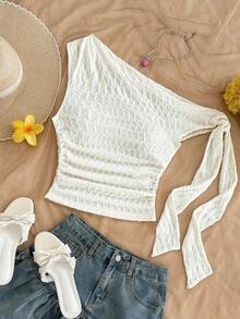 Top ajustado de mujer de hombros asimétricos con tirantes de amarre en color amarillo pálido, adecuado para fiesta, vacaciones, festival de música, estilo bohemio, cita de vacaciones, té de la tarde - Blanco 2 - Ver 1