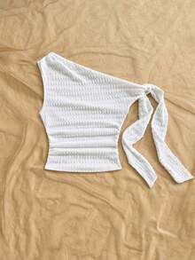 Top ajustado de mujer de hombros asimétricos con tirantes de amarre en color amarillo pálido, adecuado para fiesta, vacaciones, festival de música, estilo bohemio, cita de vacaciones, té de la tarde - Blanco 3 - Ver 4