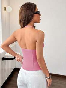 Top de tirantes de corte regular y unicolor sin mangas y escote trasero para mujer - Rosa - Ver 2