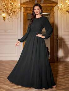 Vestido de dama de honor de manga linterna de unicolor elegante y extra largo - Negro - Ver 5