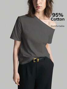 Camiseta de mujer de manga corta y hombro asimétrico, primavera/verano 2026.Camiseta casual urbana elegante con cuello asimétrico, adecuada para oficina, maestros, invitados de boda, vacaciones, casual de negocios, versátil - Gris Oscuro - Ver 7