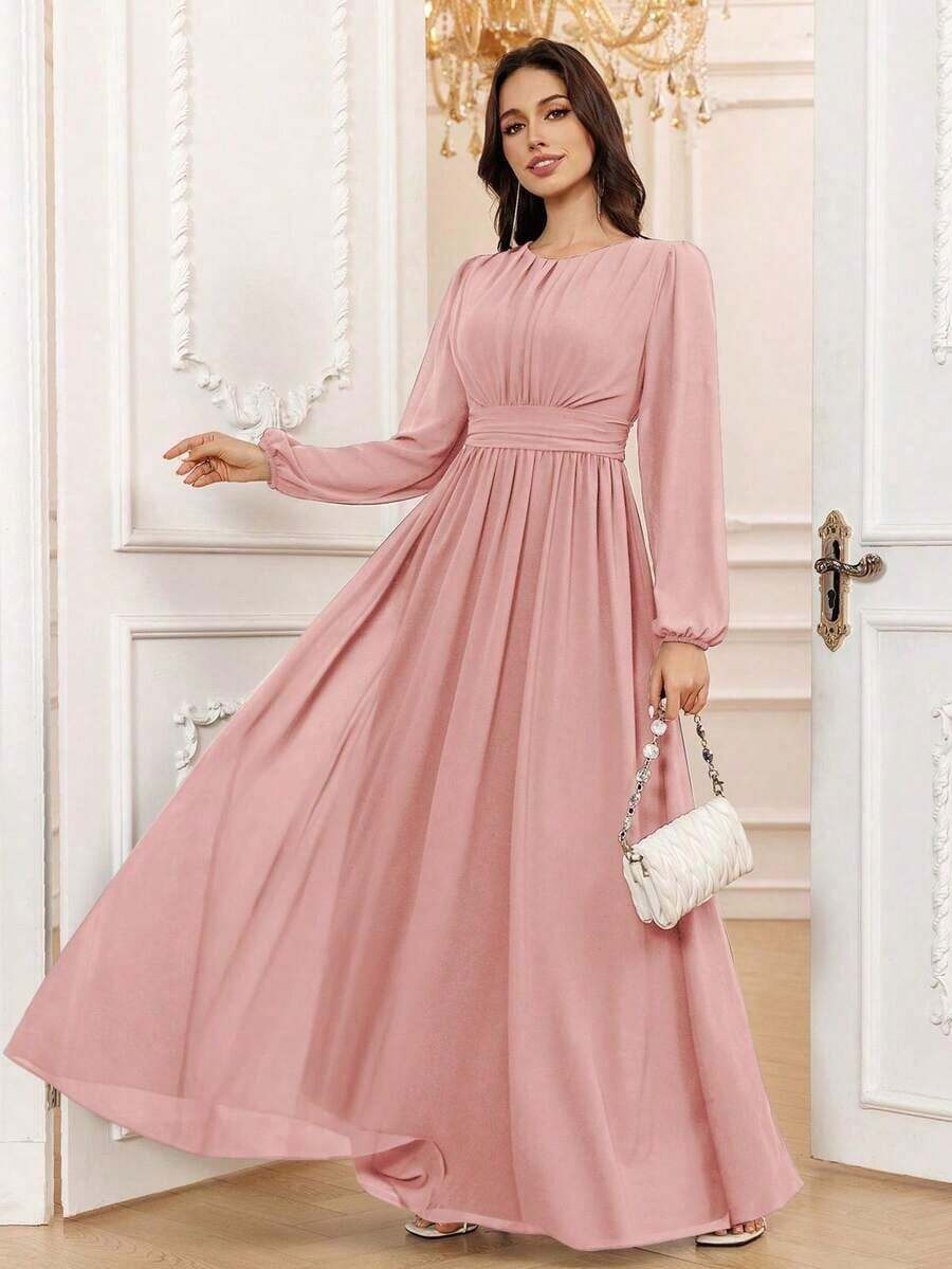 Vestido de dama de honor formal de gasa de manga larga hasta el suelo con corte evasé, color borgoña elegante, vestido de invitada de boda, mangas sin forro, primavera - Rosa Pálido - Ver 1