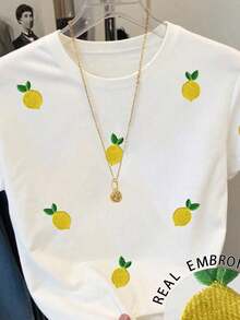 Camiseta de mujer casual de verano con bloques de color, rayas y estampado de limón - Blanco 7 - Ver 4