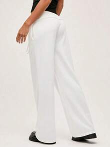 Pantalón de chándal de pierna ancha y cintura baja de unicolor de punto para mujer - Blanco - Ver 2