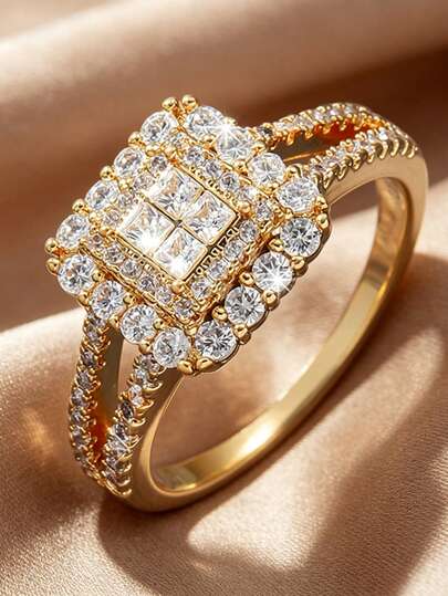 1 pièce Bague de mariage classique en cuivre plaqué blanc K avec micro-incrustation de zirconium, style européen et américain. Bijou populaire pour femmes