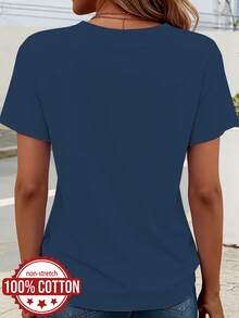 Women's Summer T-Shirt, Round Neck, Short Sleeve, 100% Cotton, Ideal For Daily Outings, Travel, Vacations And Dates, Cat Silhouette Print, Casual Top, Versatile And Comfortable Fabric - 藍海 - 查看 2