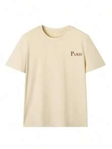 Camiseta de manga corta de cuello redondo con estampado floral "Paris Lover" de mujer, de corte holgado, con un toque parisino, estilo romántico, para pasear por la ciudad, citas, temporada de flores de cerezo, brunch, primavera/verano - Albaricoque - Ver 3
