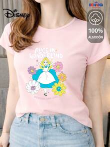Playera para Dama 100% algodón de excelente calidad, esta playera garantiza una suavidad excepcional al tacto, cuello redondo con estampado "Disney Alice in Wonderland Girl" y manga corta - Rosa - Ver 1