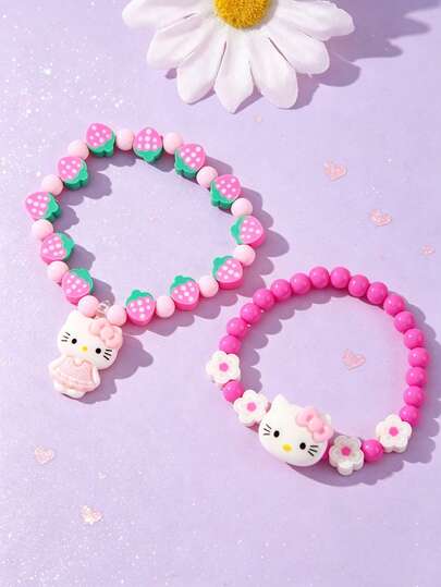  Bộ 2 vòng tay hạt đất sét mềm hình mèo và dâu tây dễ thương của Sanrio dành cho bé gái, thích hợp làm quà tặng sinh nhật, dự tiệc, đi học, nhiều màu sắc.