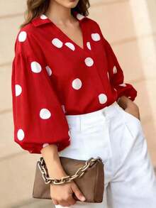 Blusa elegante con estampado de lunares y mangas de farol con botones en el frente y cuello en V, adecuada para la oficina y el uso casual - Primavera/Verano, vacaciones en la playa, vacaciones de verano Negro - Rojo - Ver 6