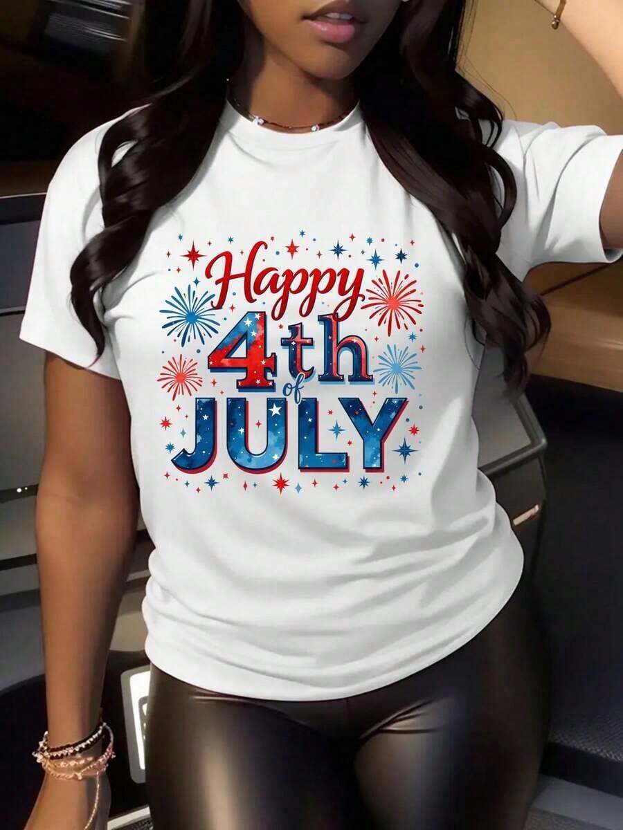 Camiseta de algodón transpirable Camiseta de algodón transpirable Camiseta Casual Patriótica para Mujer, Diseño de Fuegos Artificiales para el 4 de Julio, Regalo de Celebración de Verano para Amigos y Familiares, ropa deportiva de mujer, blusas para mujer - Blanco - Ver 1