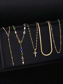 5pcs/Set Colorful Crystal Cross Pendant Layered Y-Necklace, Suitable For Beach, Vacation, Daily, Party Wear, Gift For Friends And Girlfriends - Yellow Gold - View 4