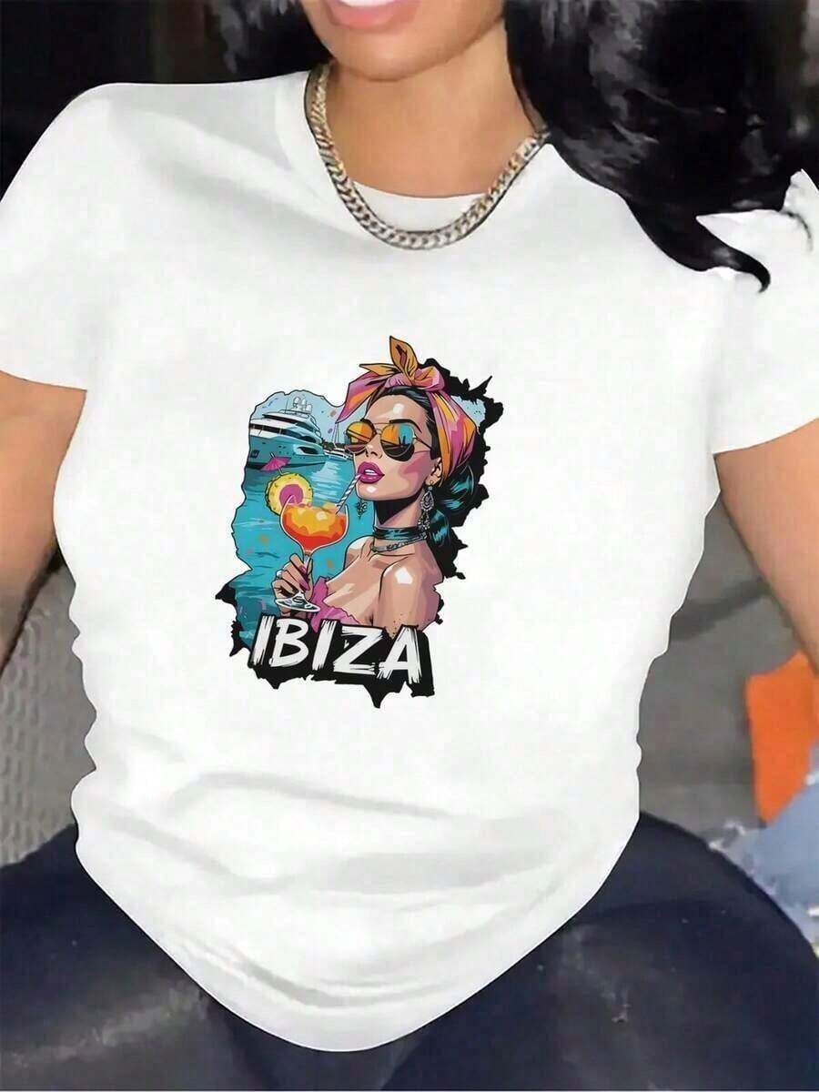 Women's Short-Sleeve T-Shirt With Ibiza Beach Design | Lightweight And Casual Clothing For Parties, Holidays Or Everyday Wear, Comfortable And Durable, Perfect For Summer Outings And Festivals. Women's Casual Short Sleeve T-Shirt Solid Color Basic Tee Top Blouses For Women Shirt 100% Cotton - 白色的 - 查看 1