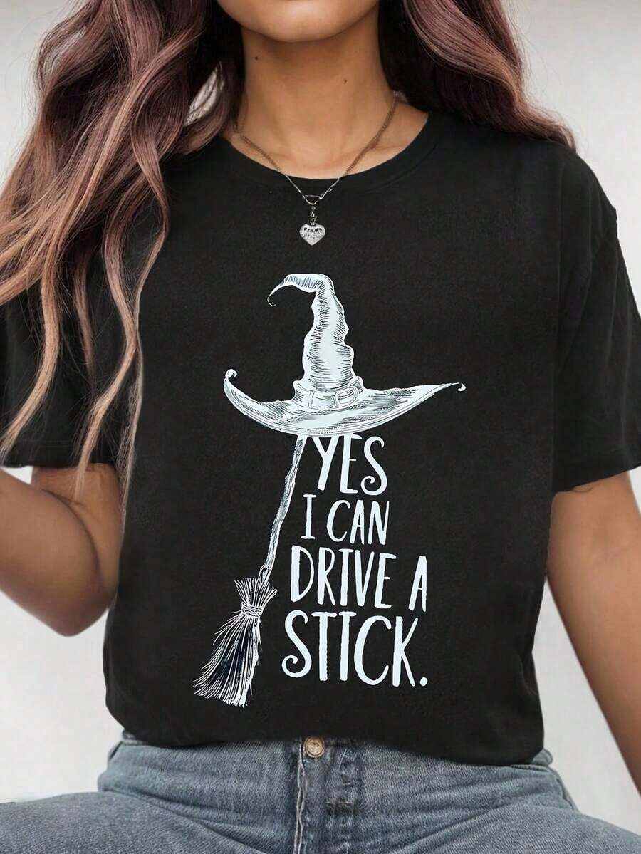 Camiseta de Mujer, Camiseta Gráfica de Mujer, Estampado Casual Simple, Estilo Y2K, Cuello Redondo, Mangas Cortas, Ropa de Mujer de Alta Calidad Adecuada para Uso Diario y Actividades al Aire Libre. - Negro - Ver 1