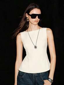 Camisa sin mangas con lazo en la espalda de unicolor, elegante, casual, sexy y minimalista para uso en la oficina y negocios para mujeres, primavera/verano - Albaricoque - Ver 7