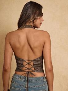 Top halter con cierre de cremallera frontal, estilo occidental, de cuero sintético con espalda descubierta y cordones, para mujer, de moda y sexy, para vacaciones de verano - Verde - Ver 2