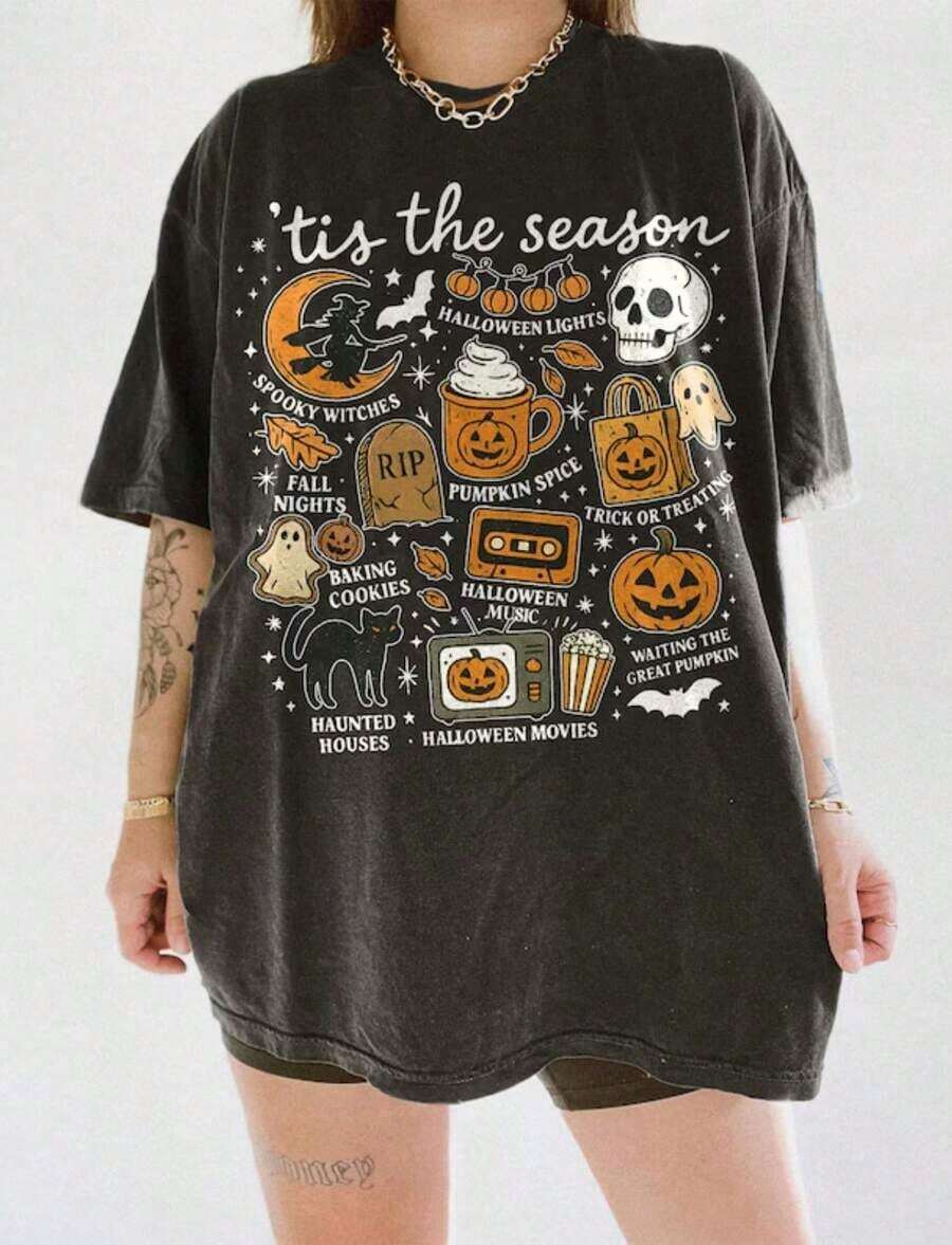 Camiseta de Halloween con diseño de cuervo y calabaza, Jack O Lantern, Boho Cottagecore, Halloween floral, Talla grande, Camiseta de cuello redondo, Fiesta de Halloween - Negro 6 - Ver 1