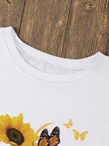 Camiseta con Estampado de Girasol y Mariposa Bohemio, Camisetas Gráficas para Mujer, Tops de Algodón - Blanco - Ver 7