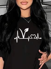 Women's White T-Shirt With Vegan Electrocardiogram And Heart Design, Minimalist Casual Garment, Ideal For Expressing Your Lifestyle With Simplicity, 2026 Season - 黑色 - 查看 1