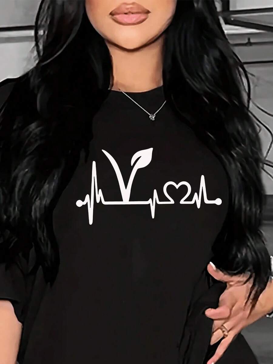Women's White T-Shirt With Vegan Electrocardiogram And Heart Design, Minimalist Casual Garment, Ideal For Expressing Your Lifestyle With Simplicity, 2026 Season - 黑色 - 查看 1