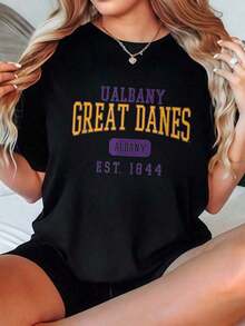Wo's Heavyweight T-Shirt, Casual Crew Neck, Available In Black And White, UAlbany Great Danes Est. 1844 Print Varsity Style T-Shirts For Everyday Wear, Summer Tops, Graphic Tees, Summer Sets, Crop Tops, Vintage Cotton Clothing, Cute Clothes, Best Seller - 黑色 - 查看 7