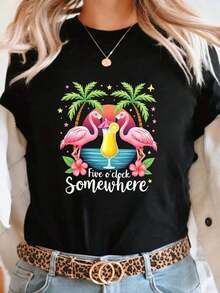 Men's Black Short-Sleeved T-Shirt, 100% High-Quality Cotton, With A "Flamingo Drinking Drinks Under A Palm Tree" Print, A Must-Have For Seasonal Wardrobes, Artistic Style, Breathable Printed T-Shirt For Adults, A Hit. - 黑色 - 查看 1