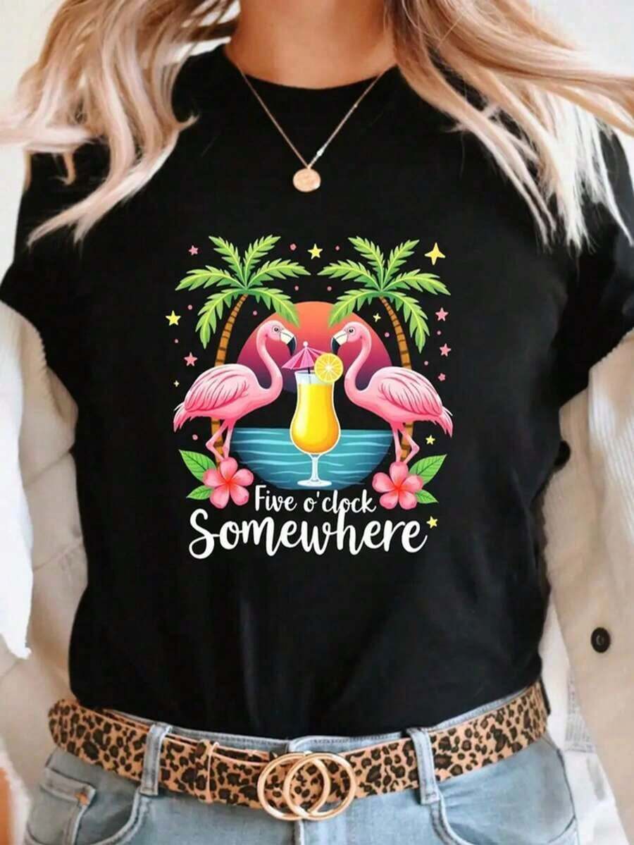 Men's Black Short-Sleeved T-Shirt, 100% High-Quality Cotton, With A "Flamingo Drinking Drinks Under A Palm Tree" Print, A Must-Have For Seasonal Wardrobes, Artistic Style, Breathable Printed T-Shirt For Adults, A Hit. - 黑色 - 查看 1