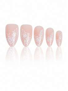 24pcs Medium Almond Shaped Acrylic Nail Tips, White Lace Nude Glossy Fake Nails, Fresh White Floral Leaf Pattern With Simple Grid Design, Perfect For Summer Daily Casual Wear - White - View 3