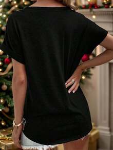 Camiseta de manga corta para mujer con cuello en V y estética minimalista, estampada con el patrón de estrellas "250 Años de Libertad Americana 1776-". Un suéter casual hecho de un material suave, ligero y cómodo, un estilo moderno y patriótico para el uso diario de las mujeres.Talla: S - 5XL, Uso diario - Negro - Ver 3