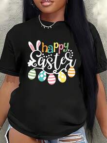 Short-Sleeved Polyester T-Shirt Decorated With Festive Easter Motifs, Egg And Bunny Ear Prints; Lightweight And Durable, Suitable For Spring Celebrations, Ideal For Both Indoor And Outdoor Wear, Festive Clothing For Adults. Casual Women's Blouse - 黑色 - 查看 1
