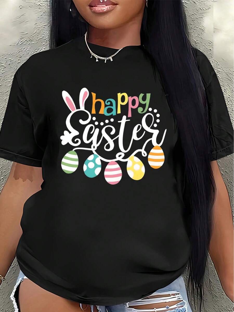 Short-Sleeved Polyester T-Shirt Decorated With Festive Easter Motifs, Egg And Bunny Ear Prints; Lightweight And Durable, Suitable For Spring Celebrations, Ideal For Both Indoor And Outdoor Wear, Festive Clothing For Adults. Casual Women's Blouse - 黑色 - 查看 1