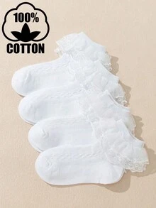 4 Pairs Children Solid Color Lace Trim Casual Fashion Party Wear Princess Cotton Frilly Socks - White - View 5