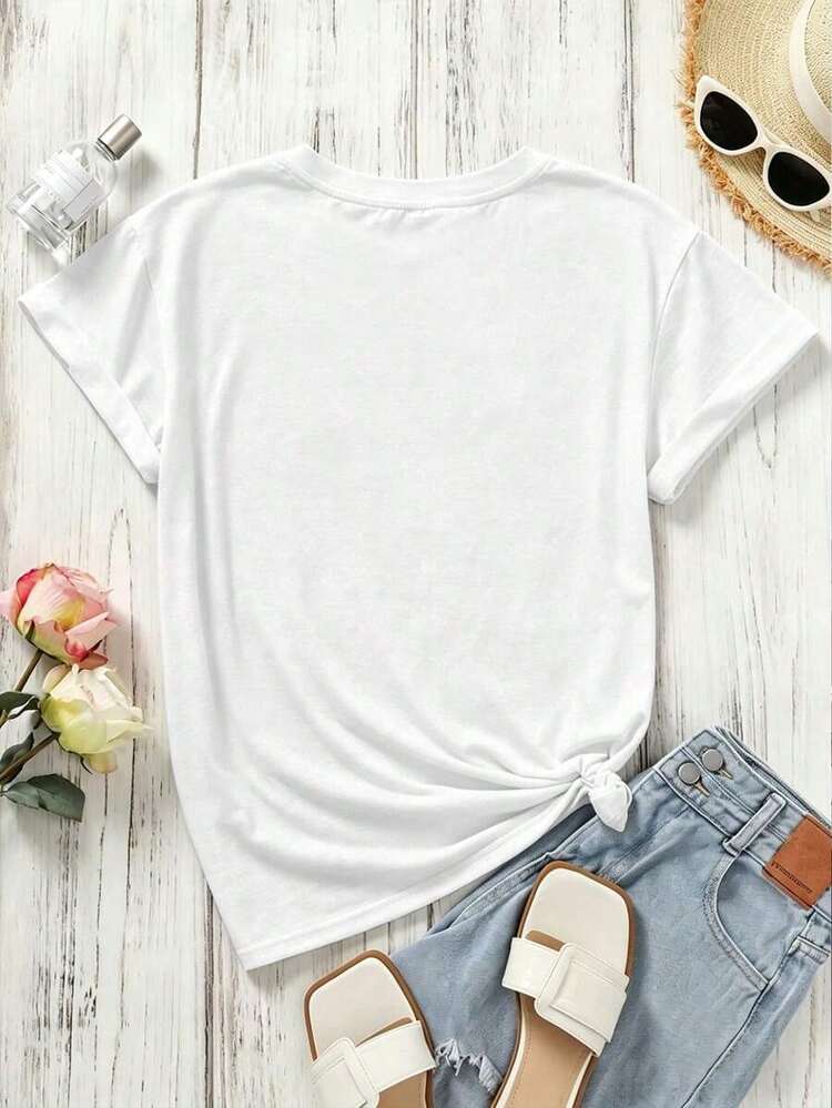 Camiseta de manga corta para mujer , cuello redondo, estampado de letras, casual, versátil, para uso diario. - Blanco - Añade 2