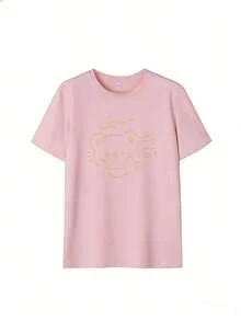 Beige Line Teddy Bear T-Shirt With "Lucky~" Text, Fashionable Short-Sleeved T-Shirt For Spring And Summer 2026, Made In Mexico, 180 Grams. Cartoon Print, Couple Design, Suitable For Indoor Or Outdoor Wear. Crew Neck, Unisex, Ideal For Office And Leisure. One-Pack. - PK-P631577SLNDXZGY655 - 查看 3