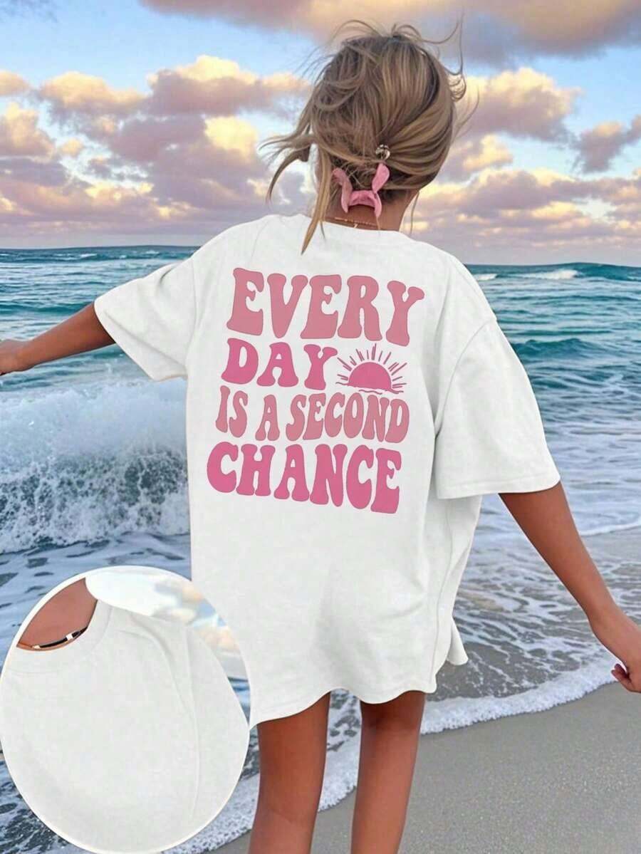 Camiseta Casual Holgada de Verano para Mujer con Estampado de Lema, Cuello Redondo y Hombros Descubiertos, Camiseta Gráfica, Top Blanco, Top Negro - Blanco - Ver 1