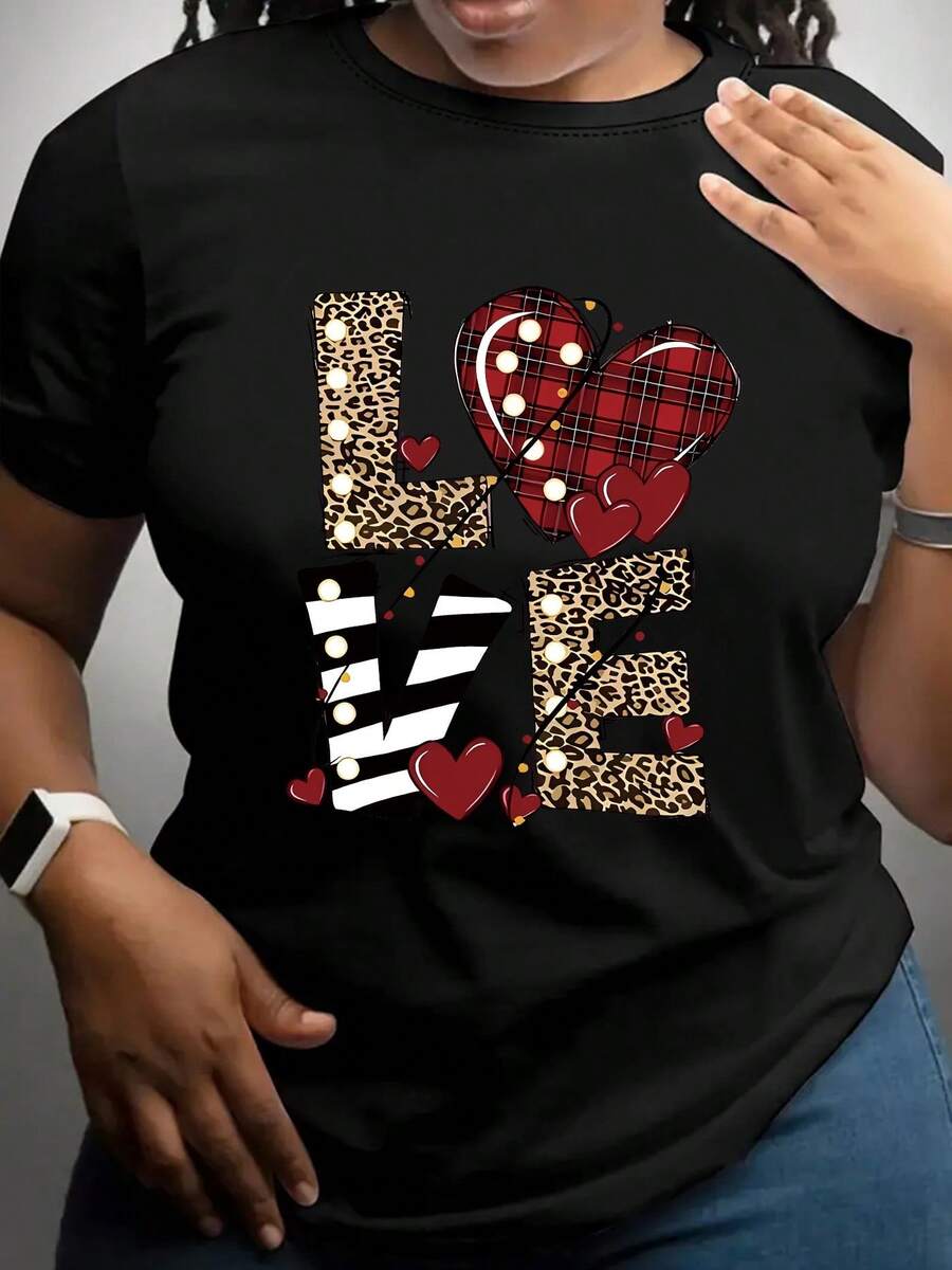 Camiseta Deportiva Casual para Mujer con Diseño de Leopardo LOVE - Camiseta Negra Elástica de Cuello Redondo, Lavable aáquina, Ajuste Cómodo para Todas las Estaciones, para Uso Diario y Actividades Recreativas. - Negro - Ver 1