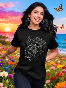 Camiseta Deportiva Casual para Mujer con Bordado de Rosa Blanca - Camiseta Negra Elástica de Cuello Redondo, Lavable aáquina, Ajuste Cómodo para Todas las Estaciones, Diseño Floral Vibrante. - Negro - Ver 6