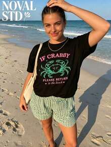 1 Piece Of Women's Short-Sleeved T-Shirt With "Don't Be Crabby" Print, Casual Street And Vacation Style, Loose Fit, Multifunctional, White, Round Neck, Fashionable T-Shirt For Everyday Wear, Suitable For Daily Use. 180g 100% Cotton. - 黑色 2 - 查看 2
