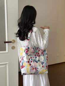 Large Capacity Floral Canvas Tote Bag, Rose Pattern Beach Bag Shoulder Bag, Summer - Multicolor - View 10