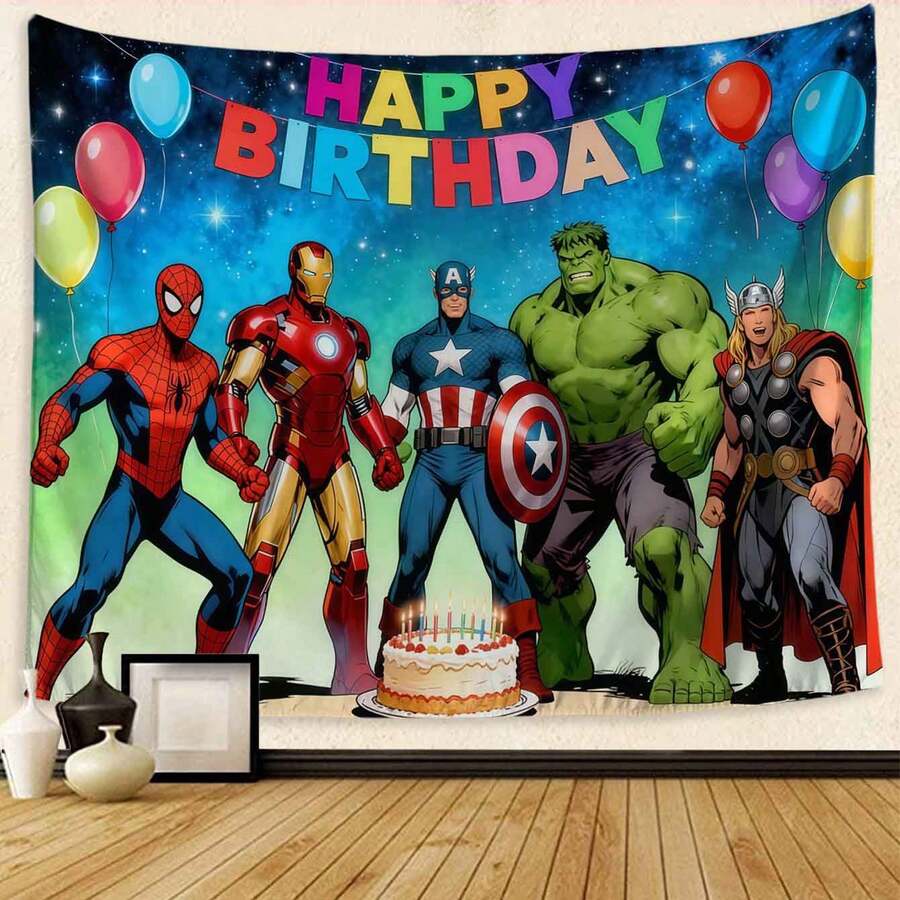 1pc Avengers Birthday Tapestry, S Pider Man I-Ron Man C Aptain A Merica H Ulk Thor Team Graphic With Happy Birthday Banner, Balloons & Cake, Superhero Themed Party Backdrop, Vibrant Wall Hanging For Party Decor, Photo Booth Props, Home Celebration Decoration, Epic Pop Culture Event Supply - View 1