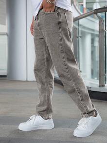 Jeans rectos casuales de unicolor para hombres - Champán - Ver 4