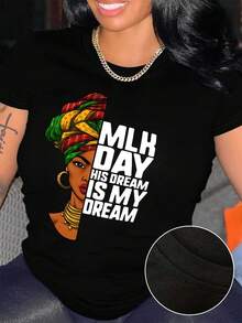 Graphic Portrait Print T-Shirt, Short Sleeve, Round Neck, Casual Top For Summer And Spring, Women's Clothing - Black - View 1