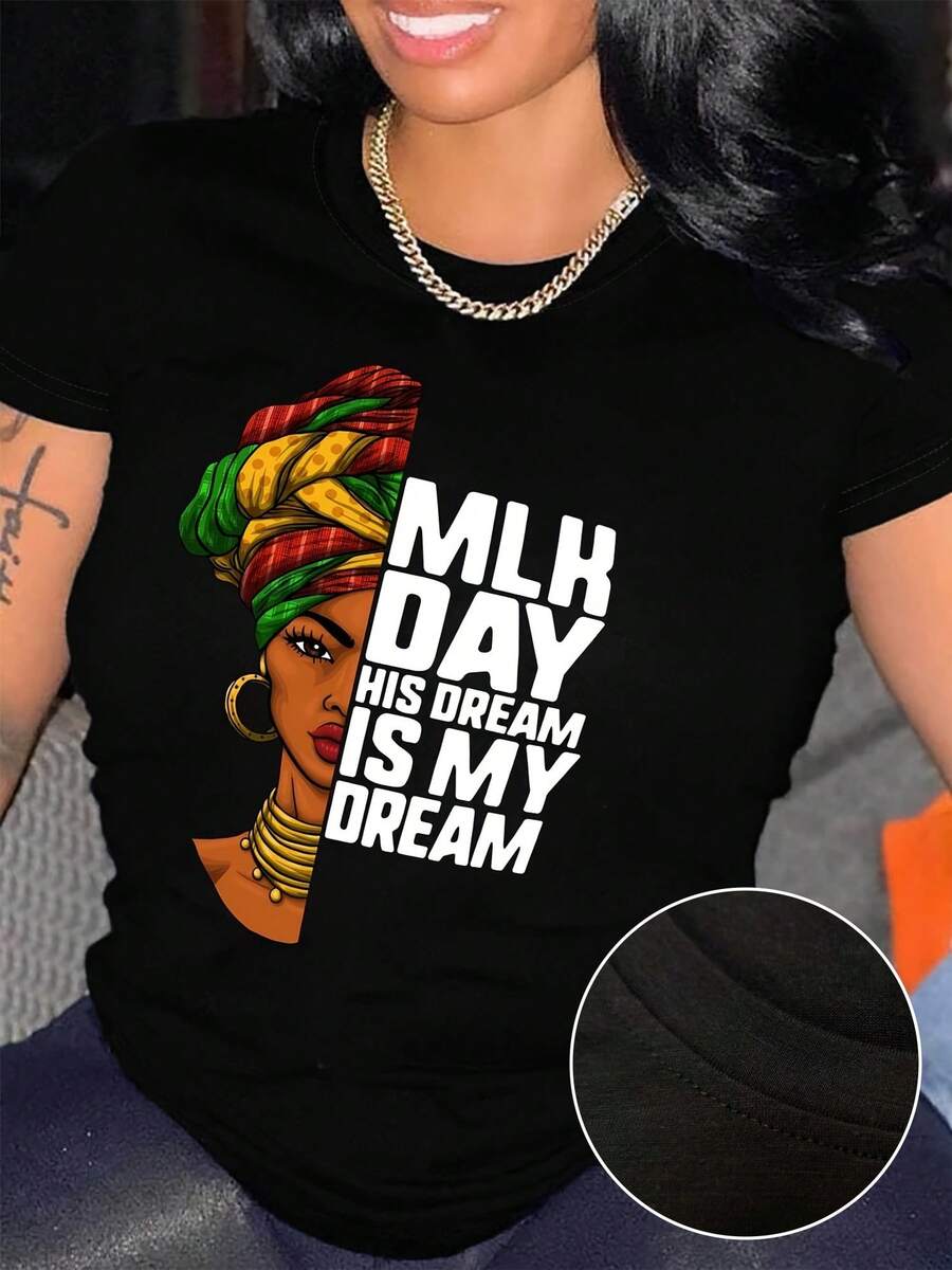 Graphic Portrait Print T-Shirt, Short Sleeve, Round Neck, Casual Top For Summer And Spring, Women's Clothing - Black - View 1
